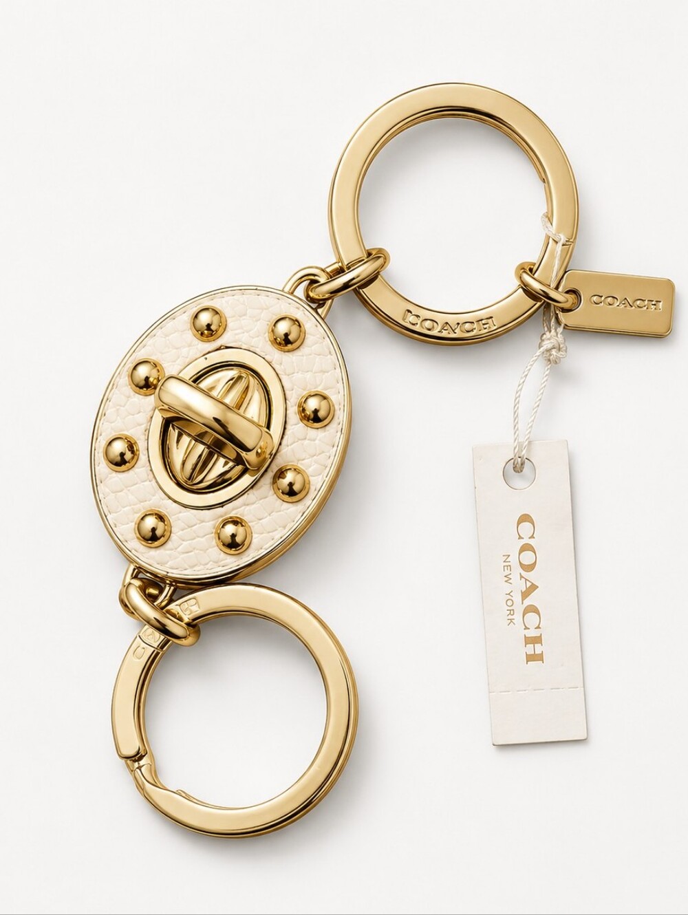 Coach NWT Gold Tone Turnlock Studded Leather Key Fob Bag Charm Keychain Ivory